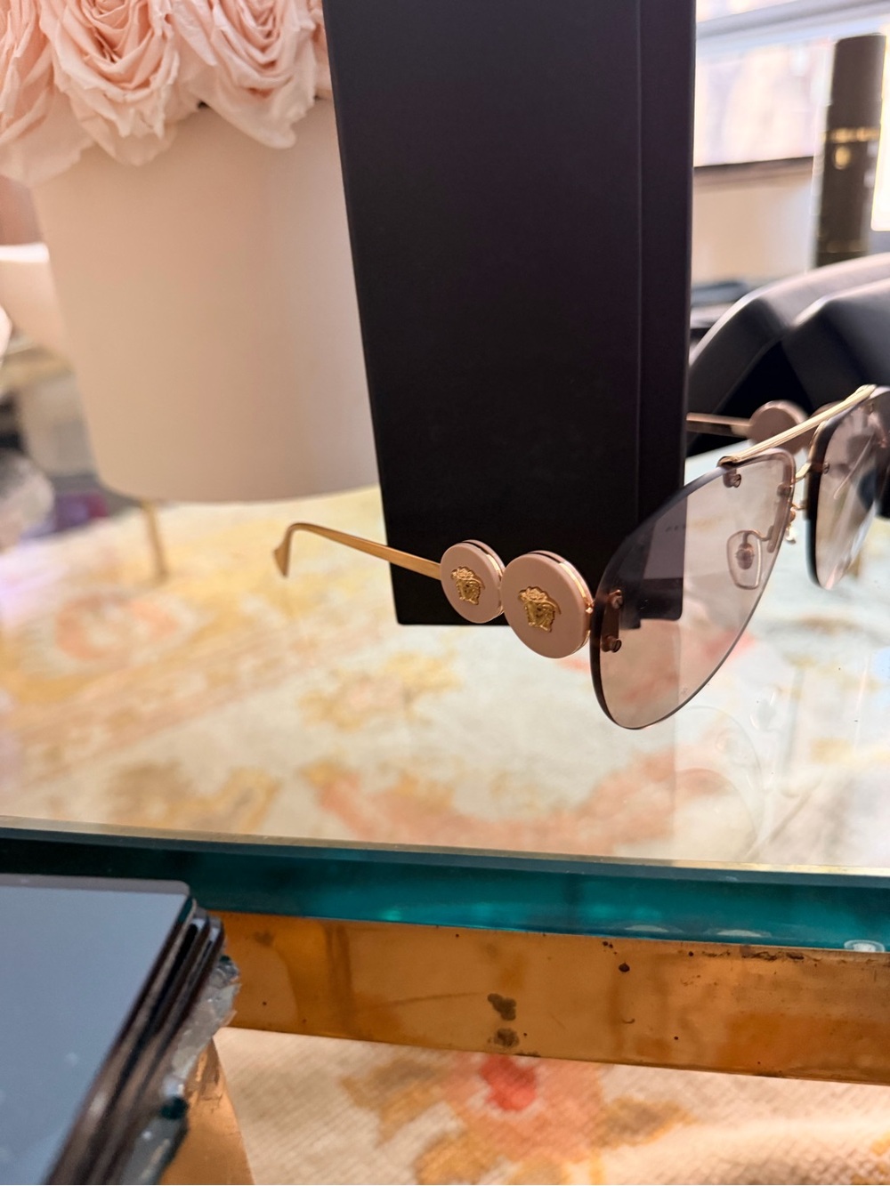 Versace Rimless Aviator Sunglasses in Brown Gold with tinted Lenses emblem NWT - Picture 10 of 13